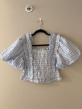 English Factory Light Blue Gingham Ruffle Smocked Blouse